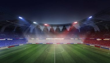 Boş futbol sahası manzarası, spot ışıkları ve Fransa bayrağı nitelikli hayran tribünü. 3 boyutlu görüntüleme. Fransız futbol takımı. Canlı spor etkinlikleri konsepti, turnuva, şampiyonluk, oyun