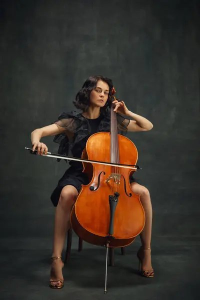 Cellists Debut Classical Album Elegant Young Woman Making Solo Performance — Stock Photo, Image