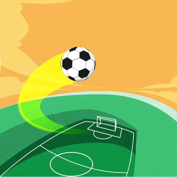 花哨的足球在球场上飞奔向球门 足球锦标赛的宣传形象 体育活动 游戏的概念 创意多彩的设计 — 图库矢量图片