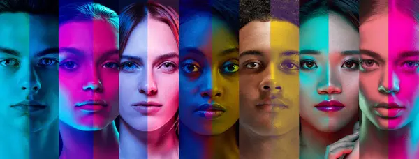 Collage made of close-up portraits of young people of different age, gender and nationality, looking at camera against multicolored neon lights. Concept of human emotions, youth, diversity