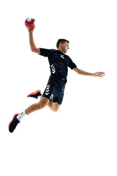 Full Length Beeld Van Jonge Handbal Atleet Beweging Tijdens Het — Stockfoto