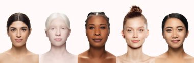 Farklı güzellik standartları. Değişik ten renkleri ve özellikleri olan beş kadın kolajı. Küresel bir kozmetik markası için çeşitli güzellik kampanyaları. İnsan çeşitliliği kavramı, güzellik standartları, kozmetik