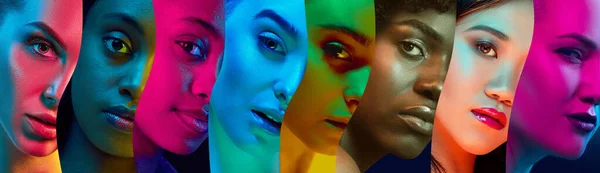 Creative collage made of close-up portrait of beautiful youth women of different age and nationality over multicolored neon lights. Womens day. Concept of human diversity, emotions, youth