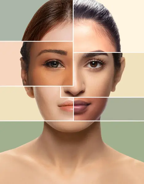 Creative collage forming female face made of face parts of different young women with various skin types and colors. Beauty clinic poster. Concept of human diversity, beauty standards, cosmetics