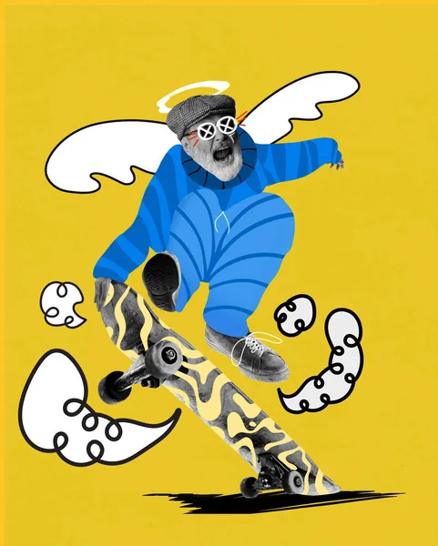 Energetic Senior Emotional Man Blue Clothes Riding Skateboard Yellow Background — Stock Photo, Image