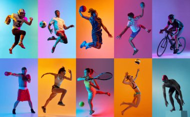 Genç insanlar, erkekler ve kadınlardan oluşan kolaj, farklı sporlardan sporcular neon ışıkta çok renkli arka plana karşı hareket halindeler. Profesyonel spor, rekabet, turnuva, dinamik kavramı