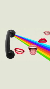 Dişi dudaklar arka planda retro telefondan konuşuyor. Modern tasarım, çağdaş yaratıcı sanat. İlham, fikir, modaya uygun şehir dergisi tarzı, moda ve tarz. Hareket ve animasyonu durdur