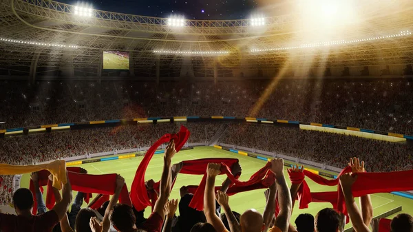 体育比赛 在傍晚时分 足球迷们带着五颜六色的围巾在拥挤的体育馆里欢呼着他们的球队 闲暇时间 体育活动的概念 — 图库照片