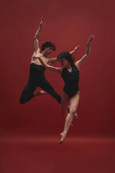 若い男女 黒い布団で踊るバレエダンサー 赤い背景に対してパフォーマンス クラシックアート バレエダンス 美の概念 — ストック写真