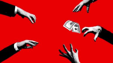 Profesyonel rekabet. Eller kırmızı arka planda paraya ulaşmaya çalışıyor. Finansal terfi için zorluklar. Hareket etmeyi, animasyonu durdurun. Finansal okur yazarlık, ekonomi, iş, para kavramı