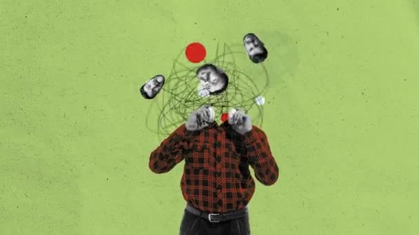 自己の多重性を表す解離アイデンティティ障害に関する記事のイラスト 混沌とした渦の中の複数の頭を持つ男は混乱を象徴する アニメーションを停止する — ストック動画