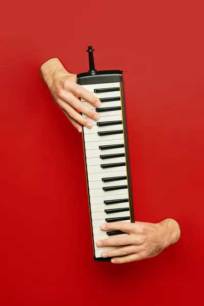 Elin Kırmızı Bir Zemine Karşı Melodik Dikey Bir Klavye Çalıyor — Stok fotoğraf
