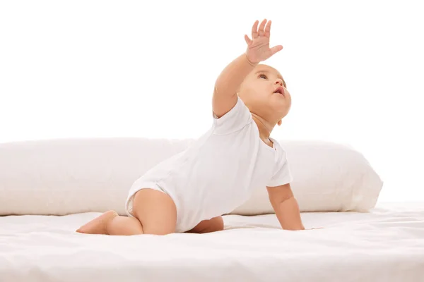 遊び心のある アクティブなスマートな子供 ベッドの上に横たわる小さな赤ん坊の少女は 白い背景に対する好奇心と注意を示しています 幼少期 幼児期 ヒースの概念 — ストック写真