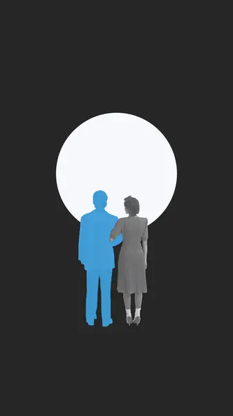 Silhouetted Couple Blue Man Monochrome Woman Looking Away Symbolizing Hope — Stock Photo, Image
