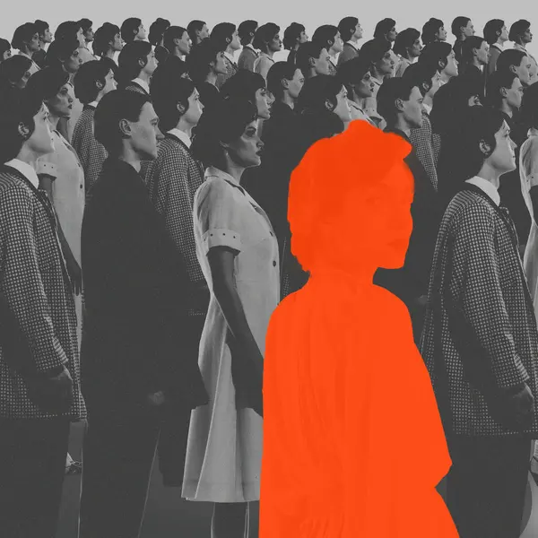 Orange Female Silhouette Standing Monochrome Crowd People Conceptual Design Social — Stock Photo, Image