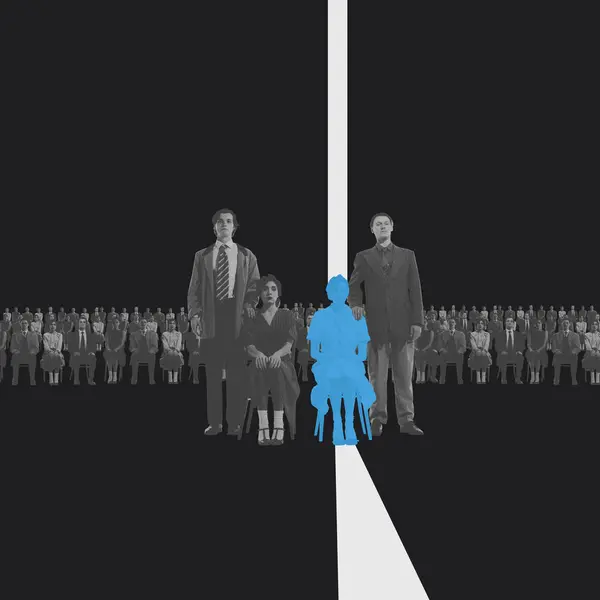 Monochrome Image Split White Line Contrasting Woman Blue Crowds Men — Stock Photo, Image