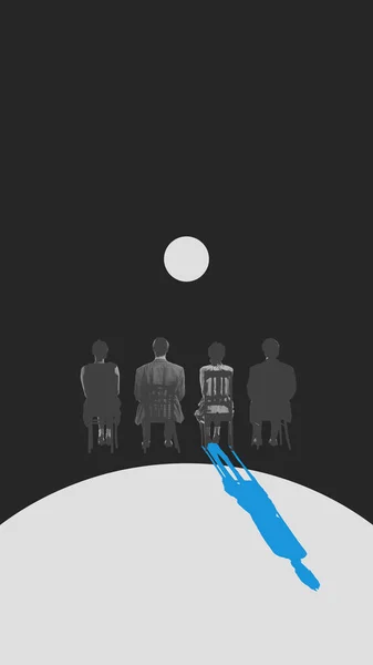 Four Silhouetted People Sitting Looking White Circle One Having Blue — Stock Photo, Image