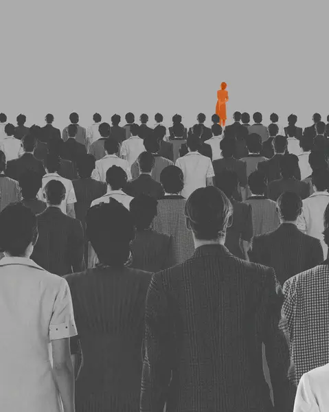 Female Orange Silhouette Standing Forward Monochrome Crowd Having Different Vision — Stock Photo, Image
