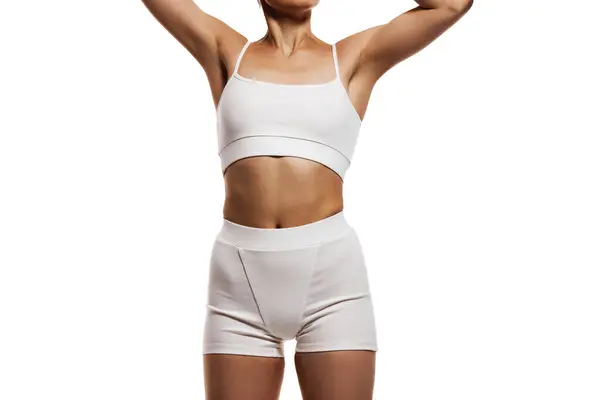 Cropped Image Slim Tanned Female Body Underwear Model Standing Raised — Stock Photo, Image