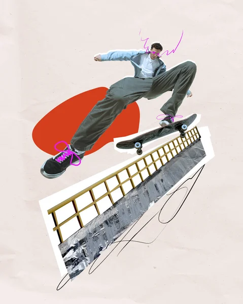 Dynamic image of young man, extreme lover doing stunts with skateboard on street background. Contemporary art collage. Concept of street art, urban style, hobby and leisure activity, sport