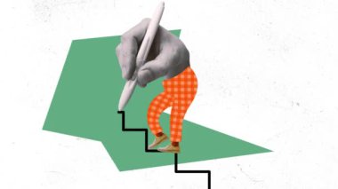 Hareket etmeyi, animasyonu durdurun. İnsanoğlunun kişisel gelişimi simgeleyen kalemle adımlar çizdiği kavramsal tasarım. Motivasyon, başarı ve hırs. Sürrealizm kavramı. motivasyon, kariyer, iş