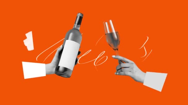停止运动 女性的手把酒杯和酒瓶盖在橙色的背景上 姑娘们的派对玩得开心 庆祝一下 创意的概念 想象力 — 图库视频影像