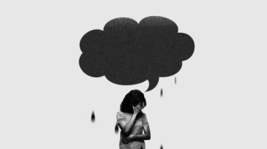 İnsan kişiliğini etkileyen sosyal yargılar. Hareket etmeyi, animasyonu durdurun. Üzgün kadın yağmur damlaları, gözyaşları ve üzüntüyü simgeleyen bulutların altında duruyor. Ruh sağlığı, depresyon, duygu kavramı