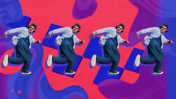 穿着运动服的年轻人 一边用耳机听音乐 一边在抽象的五彩缤纷的背景上跳舞 停止运动 Y2K风格 创意和灵感的概念 — 图库视频影像