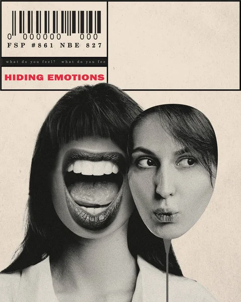 Changes Behavior Woman Expressing Diversity Emotions Holding Mask Hide Hide — Stock Photo, Image