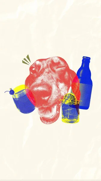 Pop Art Style Dog Muzzle Cocktail Bottle Textured Background Vertical — Stock Photo, Image