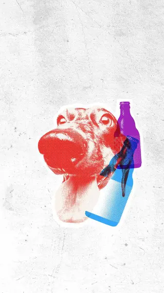 Pop Art Style Dog Muzzle Beer Bottle Textured Background Vertical — Stock Photo, Image