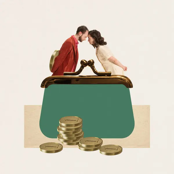 Couple, man and woman standing inside purse and facing each other over coin stacks below. Arguing about family budgeting. Retro design. Concept of financial literacy, money management, savings
