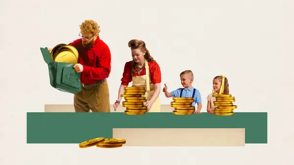 Distribution of family budgeting. Woman and children stacking coins into piles, savings growth. Concept of finance accounting, financial literacy, money, savings, business