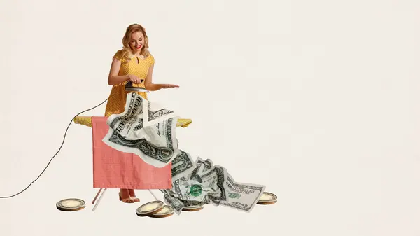 Elegant, beautiful, smiling young woman ironing money on board, coins on the ground, money laundry. Creative ways to save money. Concept of finance accounting, financial literacy, money, savings