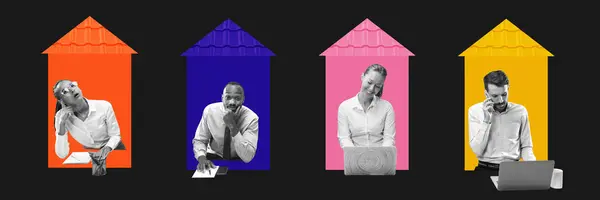 Collage Zeitgenössischer Kunst Menschen Mitarbeiter Bunten Häusern Die Mit Laptops — Stockfoto