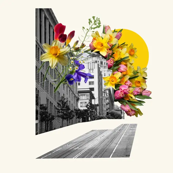 Creative collage with black and white photo of urban street, building and colorful flowers. Social media post for travel agency, tourism bureau. Concept of architecture, creative vision