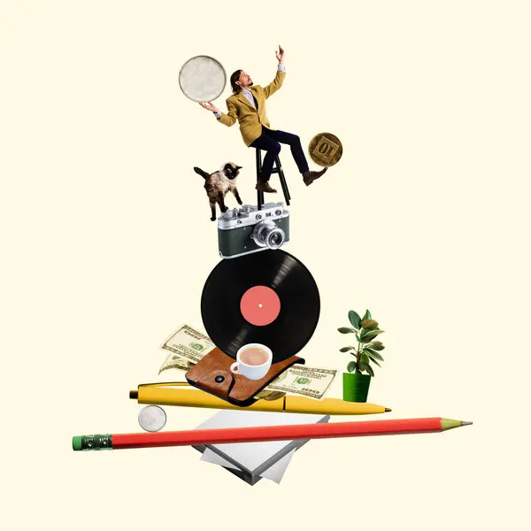 Talented man balancing on top with different items, vinyl, camera, cat and coins. Hobby and job equality. Conceptual contemporary art collage. Concept of work-life balance, time management