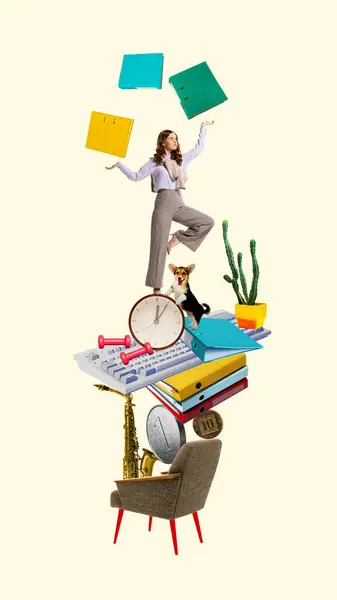 Young Woman Employee Balancing Working Tasks Home Lifestyle Leisure Pets — Stock Photo, Image