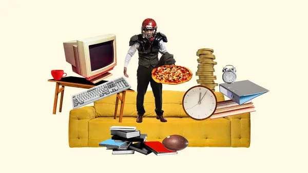 Young guy in suit and sport helmet balancing between education, work and leisure time. Conceptual contemporary art collage. Concept of work-life balance, time management, hobby, motivation
