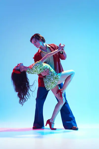 Artistic Talented Positive Young Man Woman Stylish Couple Dancing Retro — Stock Photo, Image