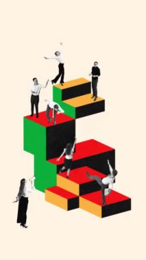Profesyonel kaos. Meslektaşlar, kadın ve erkekler çok renkli bloklarda durur ve çalışır, görevleri koordine ederler. Hareket etmeyi, animasyonu durdurun. İş kavramı, takım çalışması, motivasyon, işbirliği