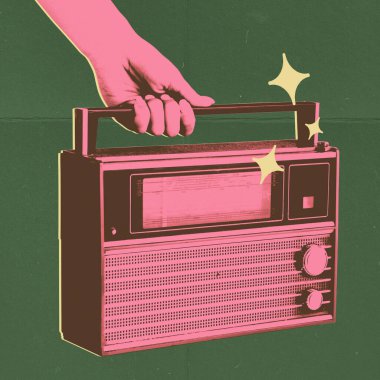 Yıldızlı retro radyonun el ele tutuşması. Çift tonlu görüntü. Geri temalı bir müzik festivali posteri. Müzik, festival, yaratıcılık, retro ve klasik anlayışı. 1980 'lerin popüler kültürü.