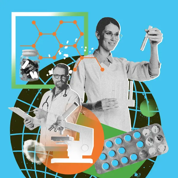 Científicos Médicos Que Trabajan Laboratorio Con Iconos Médicos Moléculas Pastillas — Foto de Stock