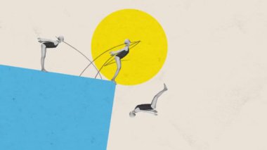 Mayolu ve mayo şapkalı genç kız ayakta, dalmaya ve yüzmeye hazırlanıyor. Hareket etmeyi, animasyonu durdurun. Soyut tasarım elementleri. Yaz tatili kavramı, ilham, seyahat, tatil, dinlenme