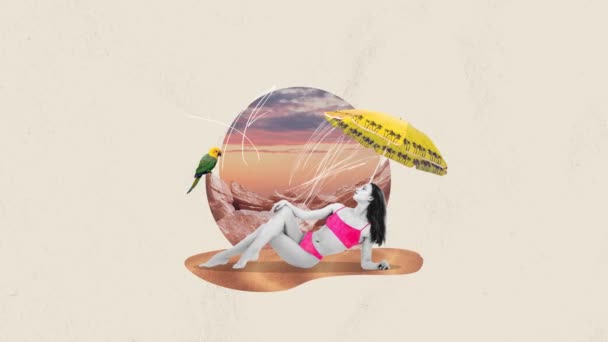 Молодая Девушка Красочных Купальниках Лежащая Теплом Песке Пляже Океана Отдыхающая — стоковое видео