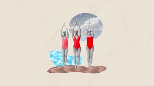Drie Jonge Meisjes Zwempakken Staand Warm Zand Strand Klaar Zwemmen — Stockvideo