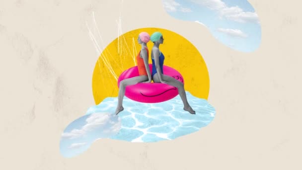 水着を着た2人の少女が水泳サークルに座り プールで泳いでいる パステルバック アニメーションを停止する 夏休み インスピレーション 休暇のコンセプト — ストック動画