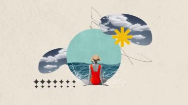 Rüyalar ve rahatlama. Güneşli bir günde deniz kenarında oturan kırmızı mayo ve hasır şapkalı genç kız. Hareket etmeyi, animasyonu durdurun. Yaz tatili kavramı, ilham, seyahat. Pankart. İlan için alanı kopyala