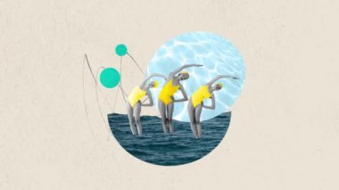 Sarı mayo giymiş genç kızlar denize yüzmeye başlamadan önce ısınıyorlar. Hareket etmeyi, animasyonu durdurun. Yaz tatili kavramı, ilham, seyahat, dinlenme. Pankart. İlan için alanı kopyala