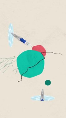 Mayolu genç bir kız, soyut tasarım unsurlarıyla pastel arka planda yüzüyor. Hareket etmeyi, animasyonu durdurun. Yaz tatili kavramı, ilham, seyahat, tatil. Dikey yerleşim